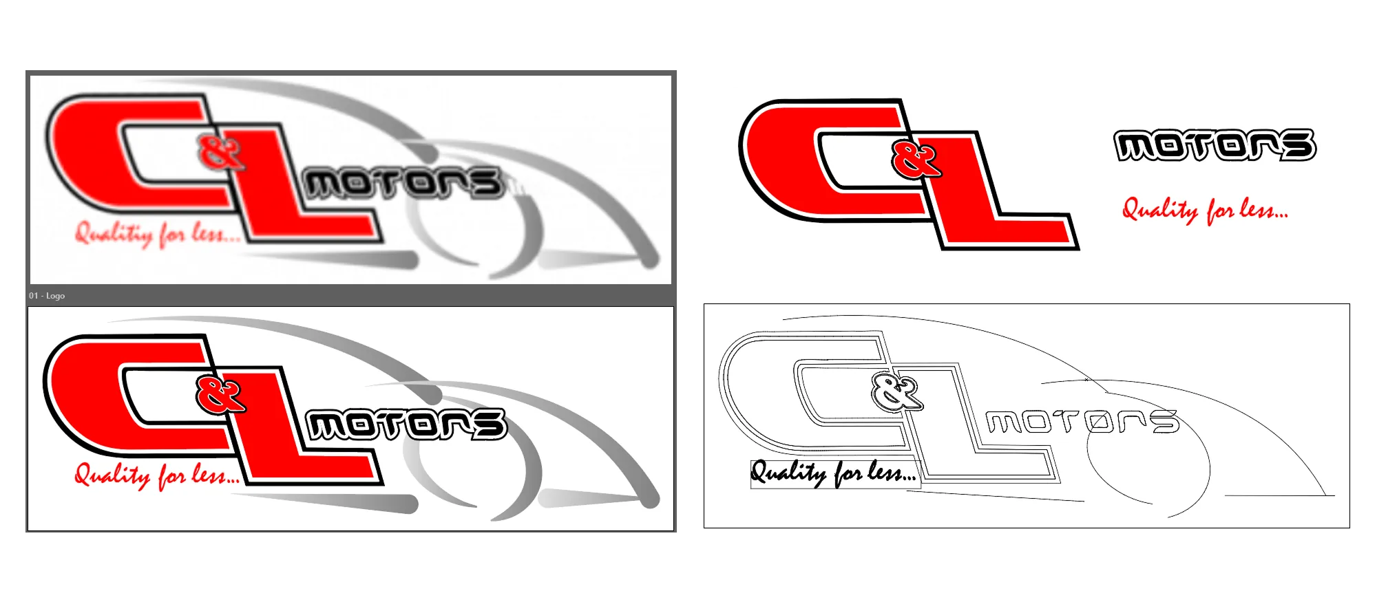 A collage of logo design drafts showing the evolution of the red and black C and L Motors brand, including a wireframe outline and various font pairings for the Quality for less tagline.